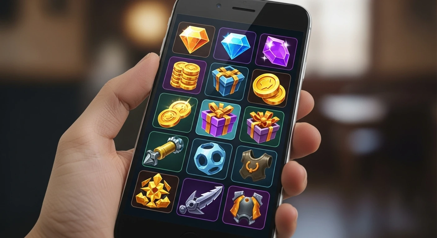 Tela de Smartphone com Recompensas de Jogo Smartphone exibindo ícones de recompensas e itens de jogo, sem texto