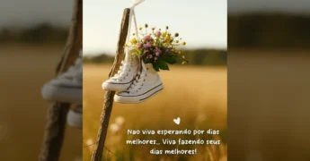 Tênis brancos com buquê de flores em campo dourado, transmitindo uma mensagem de esperança e proatividade. Imagem original de pensamentos.diarios.e.sinceros no Instagram.