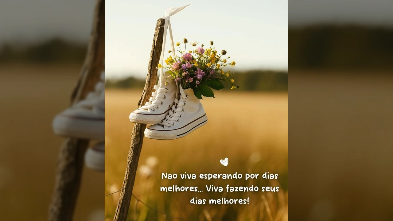 Tênis brancos com buquê de flores em campo dourado, transmitindo uma mensagem de esperança e proatividade. Imagem original de pensamentos.diarios.e.sinceros no Instagram.