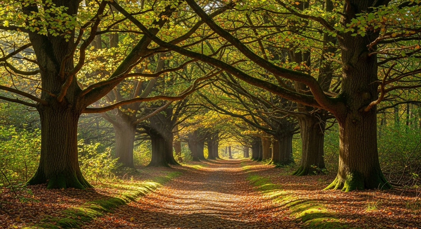 Uma trilha iluminada pelo sol filtrando pelas árvores, em uma floresta verde e inspiradora.