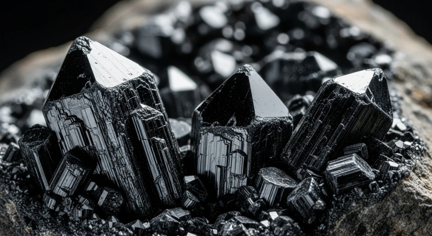Cristais de turmalina negra em sua formação rochosa natural