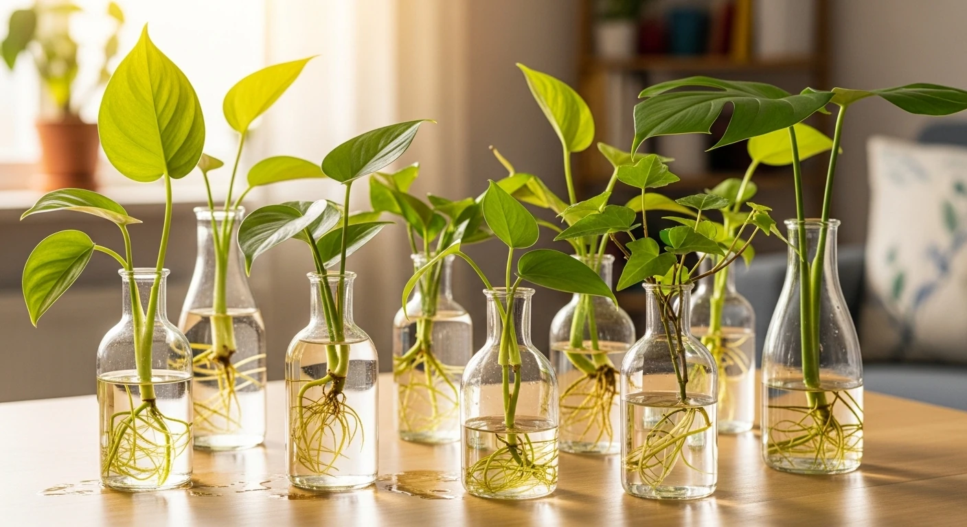 Vários vasos de vidro transparentes em uma mesa, cada um com um corte diferente de planta (filodendro, hera) enraizando na água.