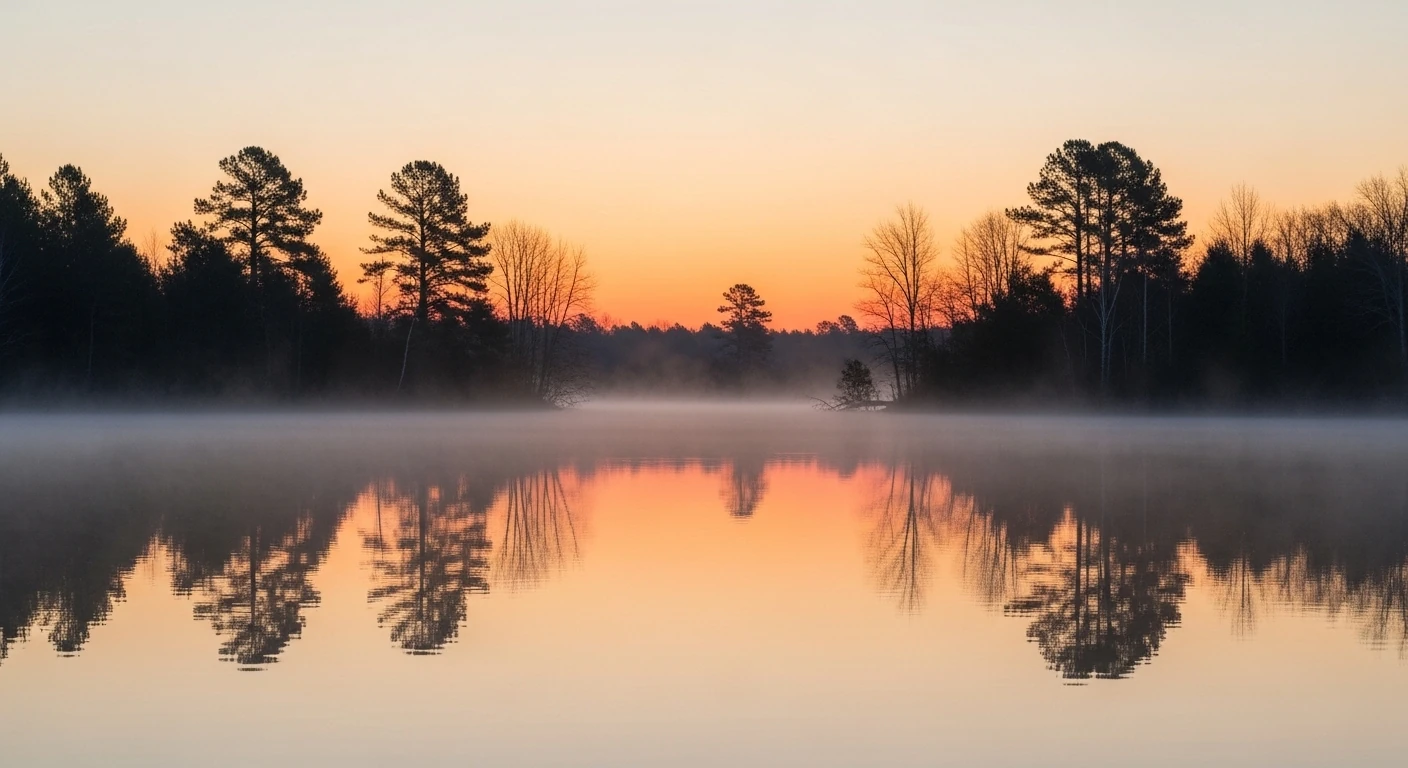 Amanhecer sereno sobre um lago com névoa e cores suaves