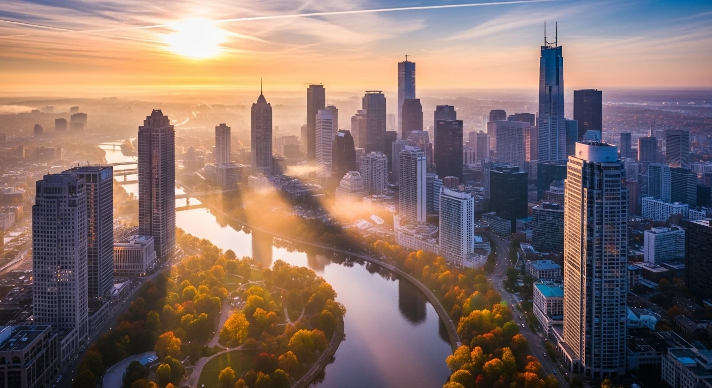 Cidade ao amanhecer, com sol dourado e névoa sobre o rio