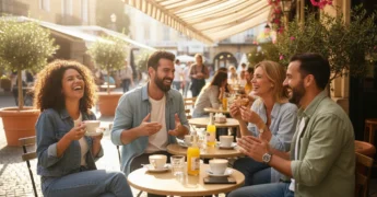 Grupo de amigos sorrindo em um café ao ar livre no sol da manhã de sexta-feira