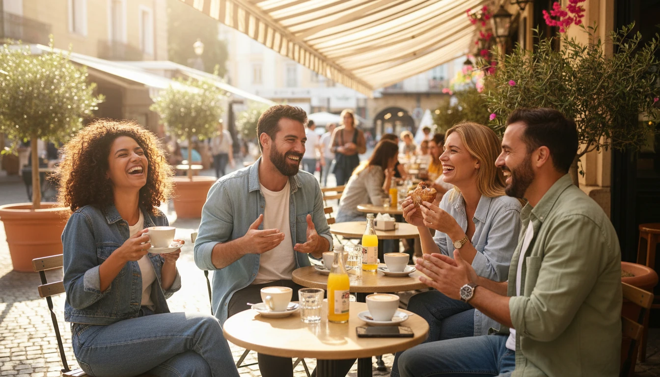 Grupo de amigos sorrindo em um café ao ar livre no sol da manhã de sexta-feira