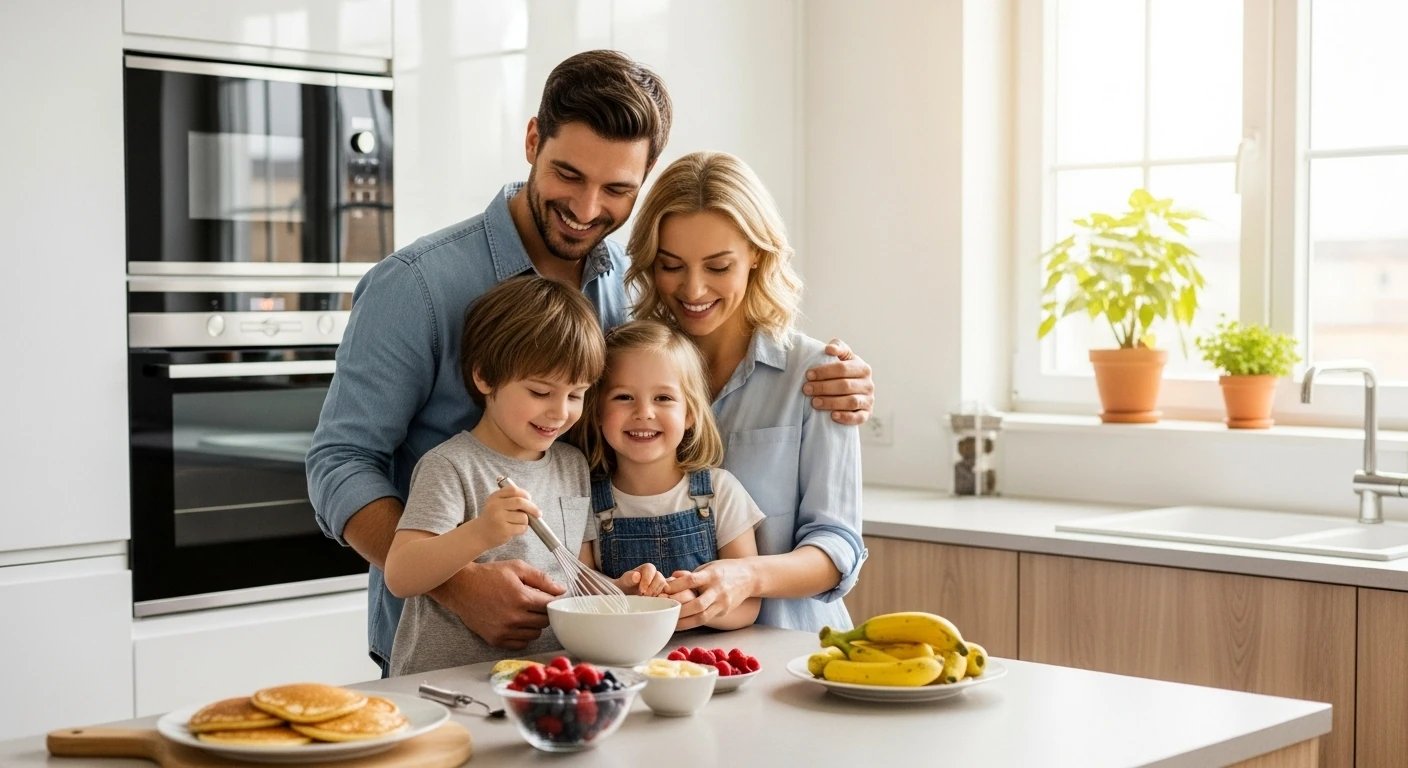 Família feliz abraçada na cozinha preparando café da manhã de domingo