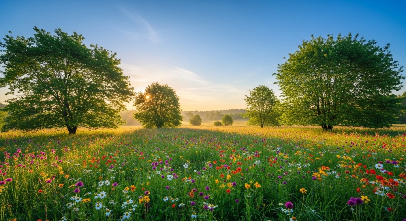 Campo de árvores e flores coloridas com o sol nascendo ao fundo