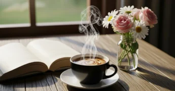 Xícara de café, livro e flores em mesa rústica ao sol, manhã de domingo