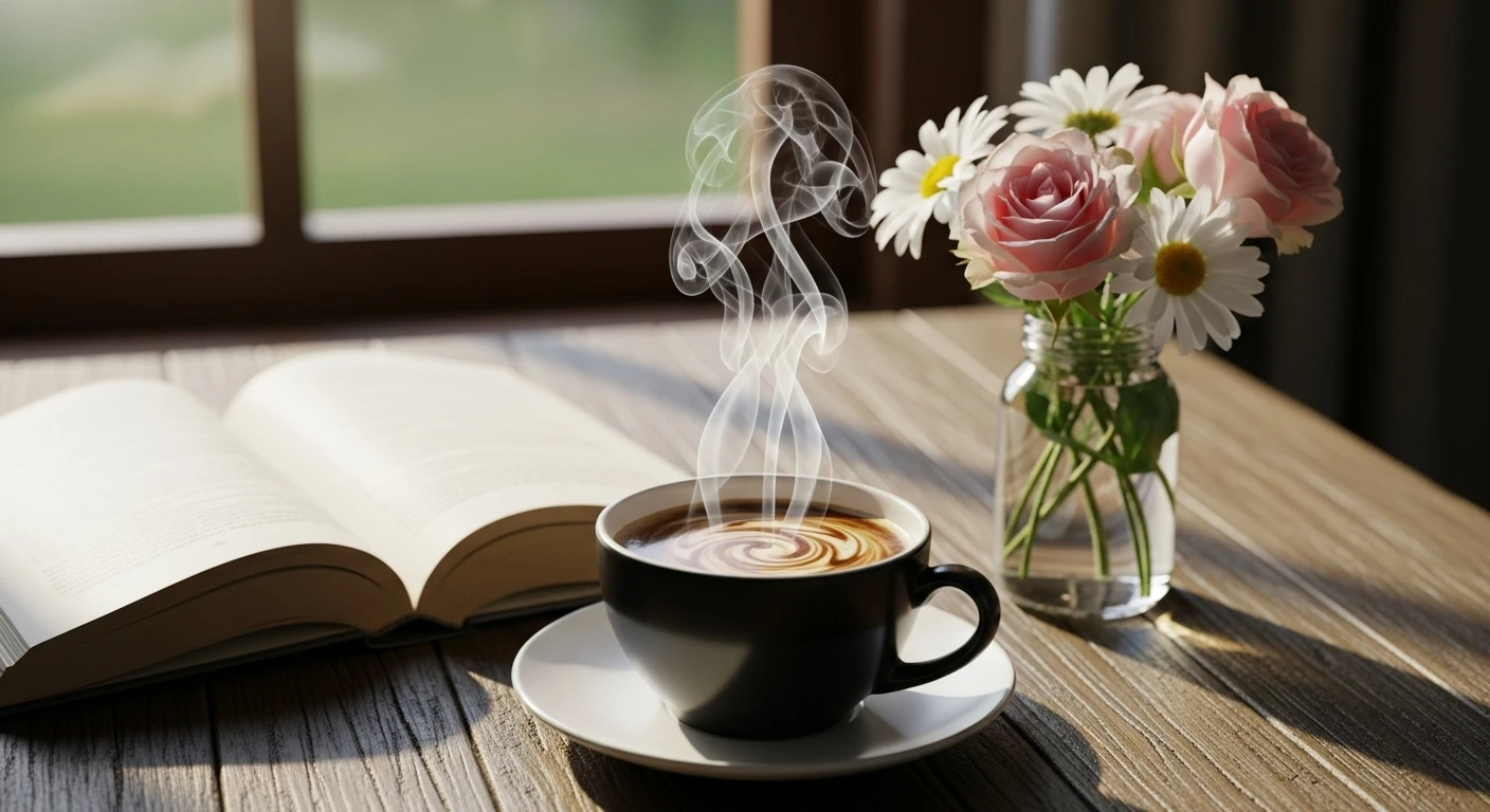 Xícara de café, livro e flores em mesa rústica ao sol, manhã de domingo