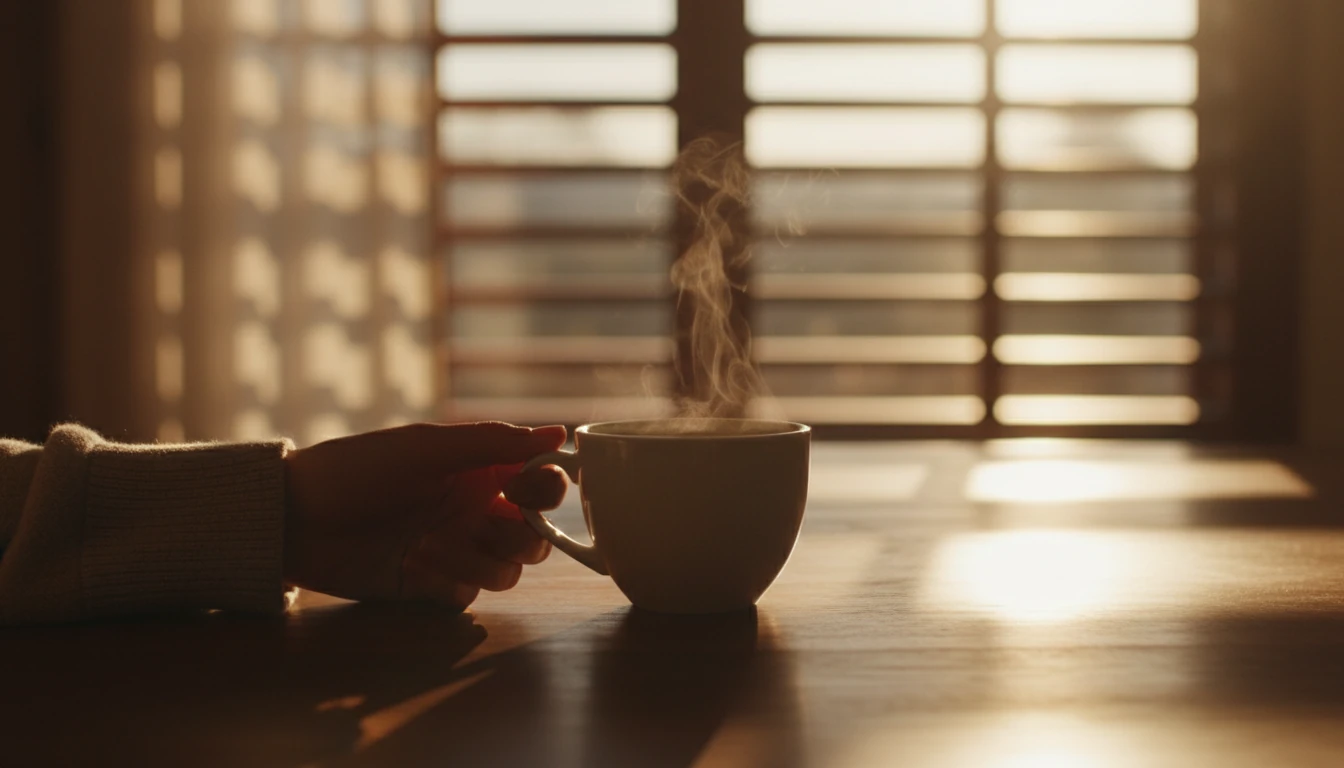Mão feminina segurando xícara de café fumegante, iluminada por raios de sol entrando pela janela.