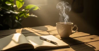 Xícara de café fumegante e caderno em mesa de madeira rústica com luz solar