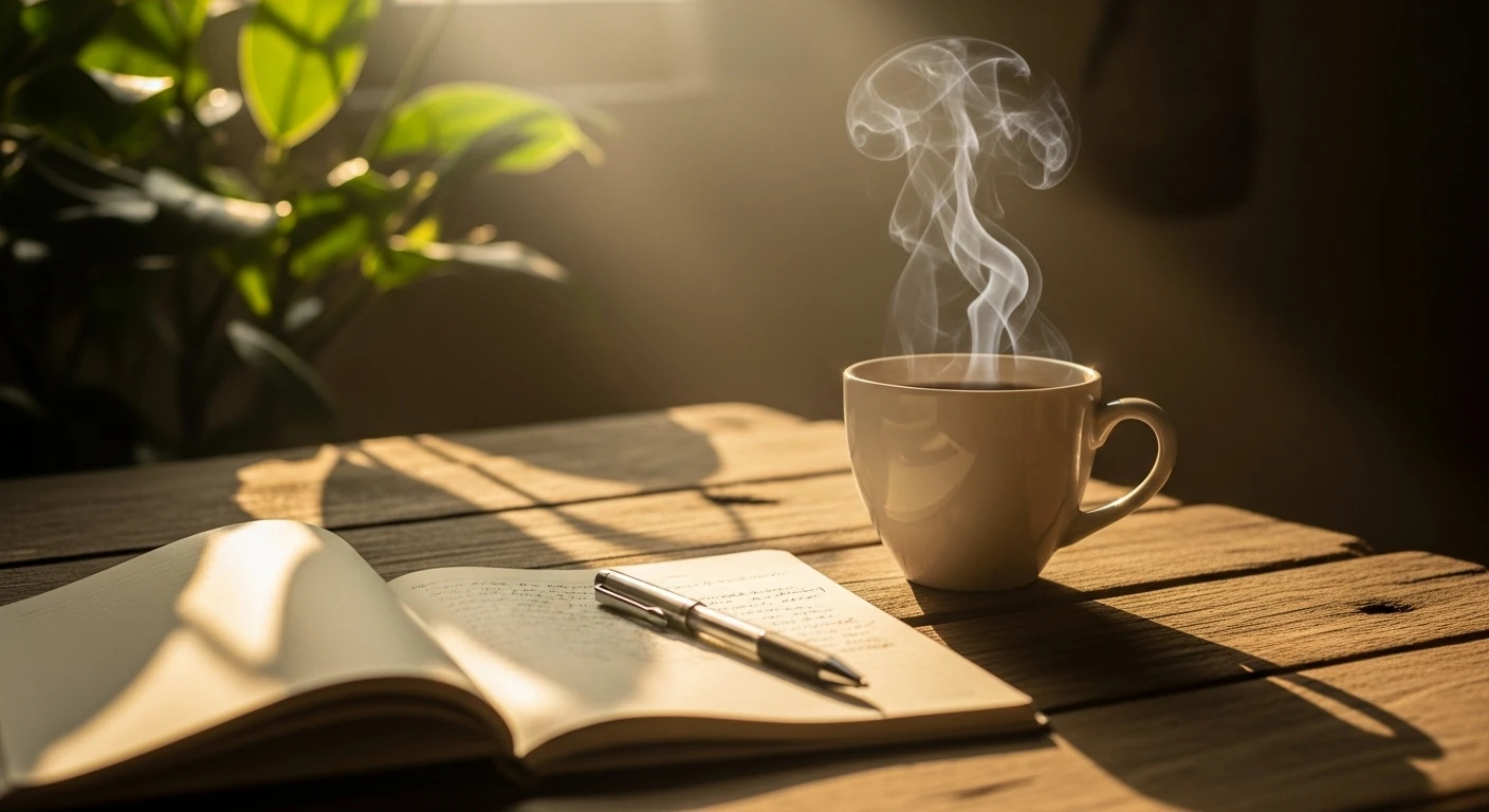 Xícara de café fumegante e caderno em mesa de madeira rústica com luz solar