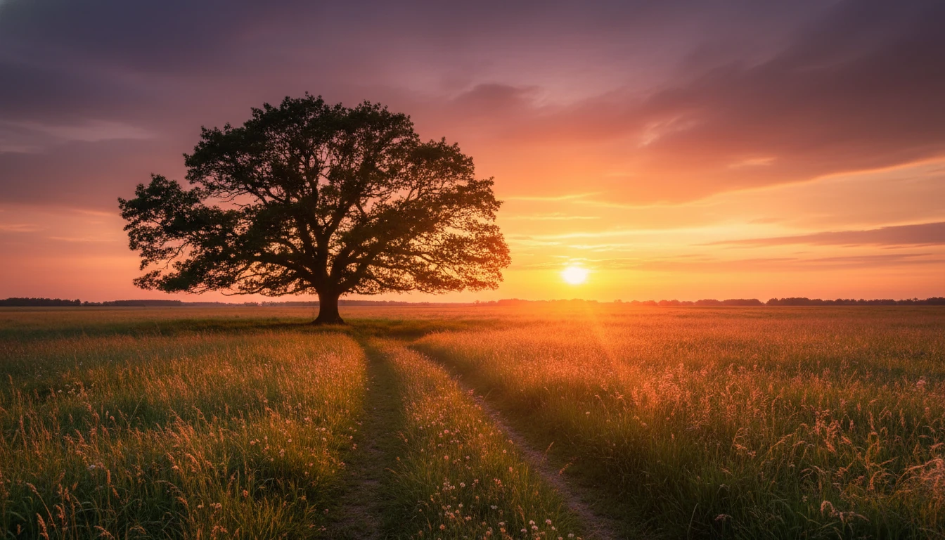 Paisagem de campo aberto ao p&ocirc;r do sol, com c&eacute;u vibrante em tons de laranja e roxo e uma &aacute;rvore solit&aacute;ria em silhueta, transmitindo paz.