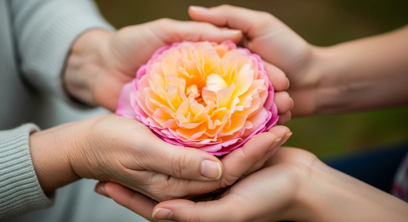 Mãos de duas pessoas de diferentes gerações segurando uma flor delicada