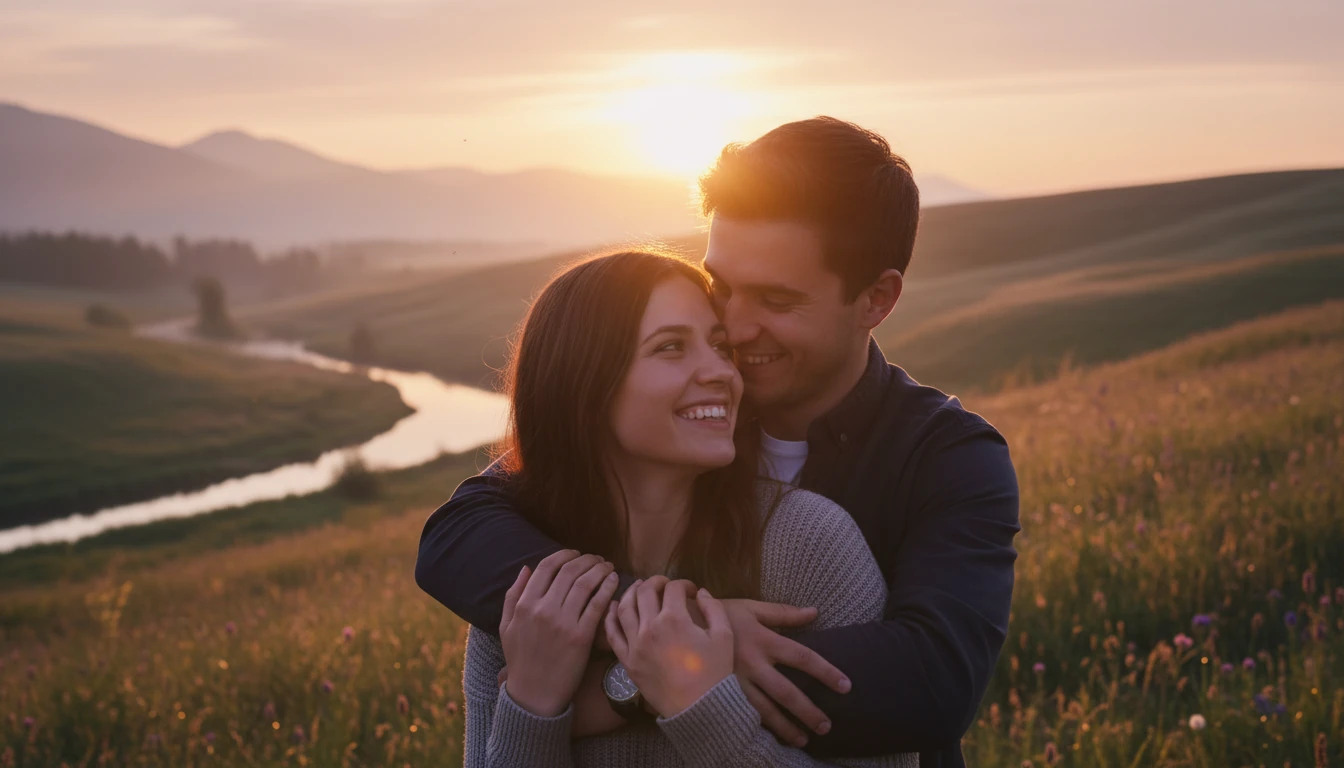 Casal jovem abraçado ao nascer do sol, com luz dourada e expressão de felicidade.