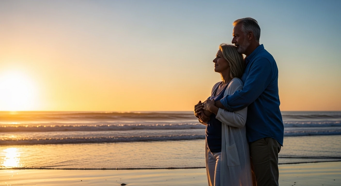 Casal se abraçando na praia ao pôr do sol