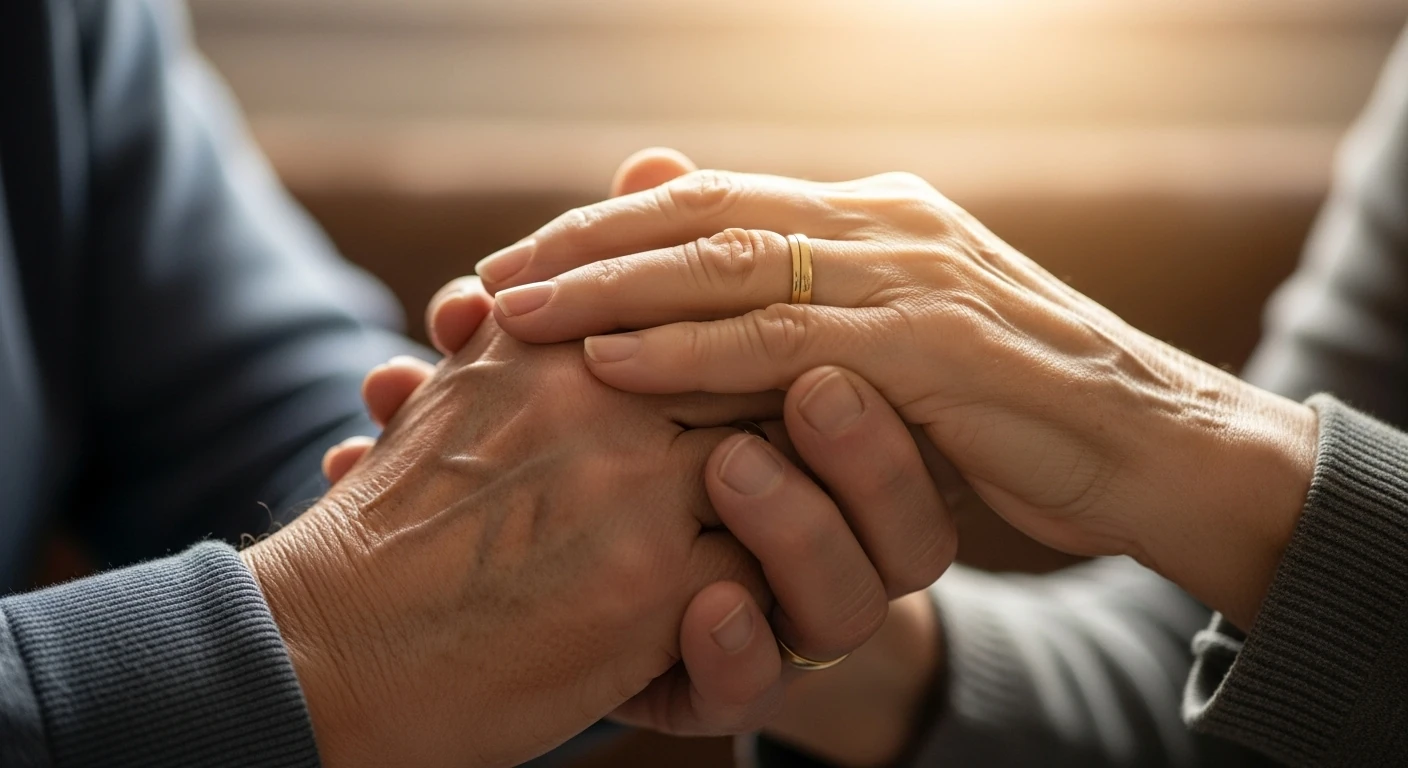 Mãos entrelaçadas de casal idoso, simbolizando amor e carinho.