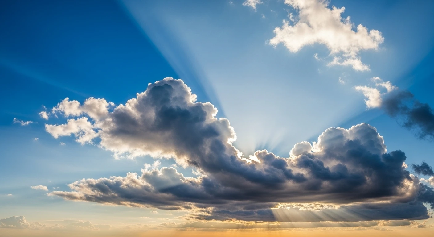 Céu azul com nuvens e raios de sol filtrando.