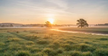 Paisagem serena ao amanhecer com campo verde e névoa dourada