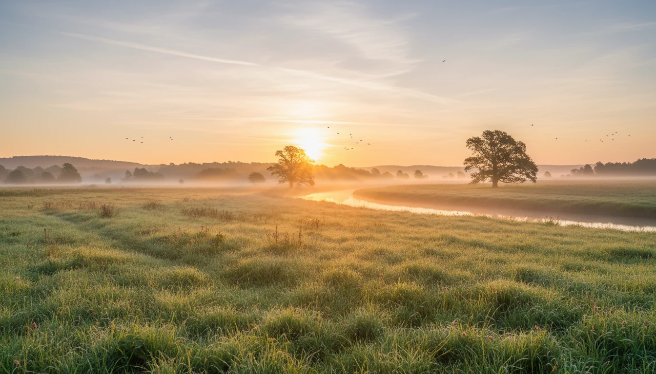 Paisagem serena ao amanhecer com campo verde e névoa dourada