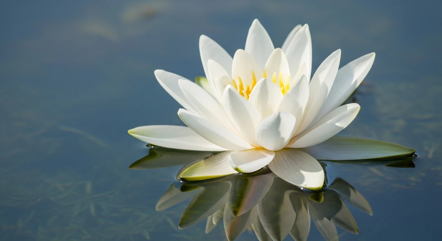 Flor de lótus flutuando em água com reflexo suave.
