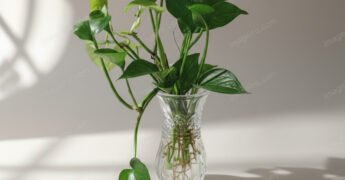 foto real de planta jibóia dentro de vaso com água enraizando