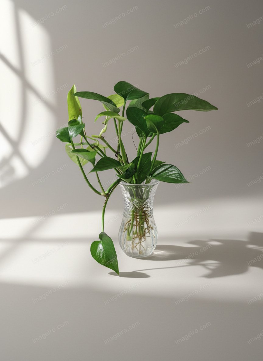 foto real de planta jibóia dentro de vaso com água enraizando