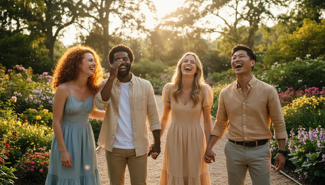 Grupo de pessoas rindo e interagindo alegremente ao ar livre em dia ensolarado