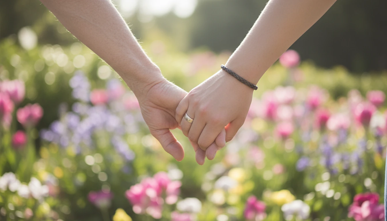 M&atilde;os de um casal de diferentes gera&ccedil;&otilde;es dadas, com jardim florido e desfocado ao fundo, simbolizando conex&atilde;o e amor duradouro.