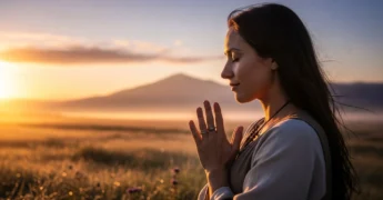 Mulher orando ao amanhecer, com as mãos unidas e o sol surgindo ao fundo.