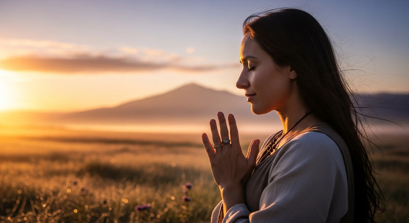 Mulher orando ao amanhecer, com as mãos unidas e o sol surgindo ao fundo.