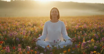 Mulher meditando serena em campo florido ao nascer do sol
