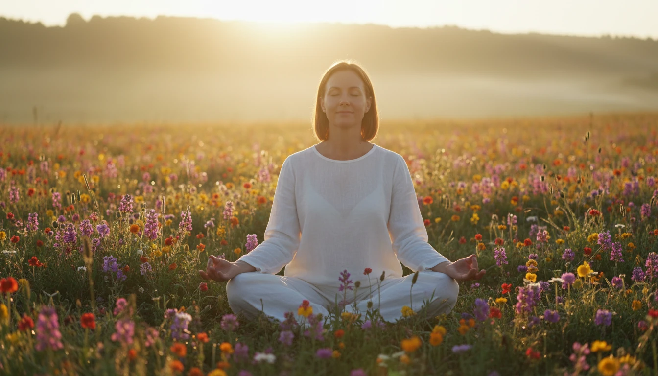 Mulher meditando serena em campo florido ao nascer do sol