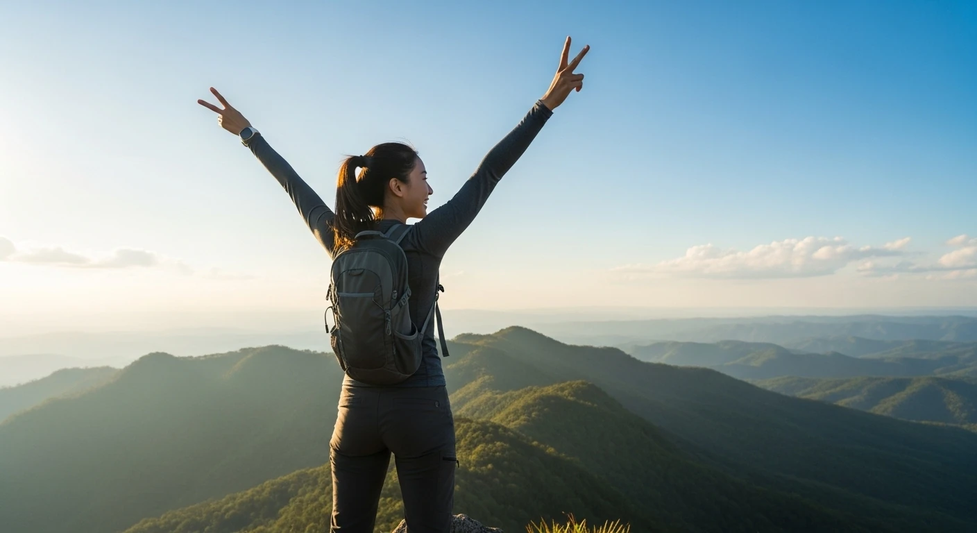 Mulher comemorando no topo de uma montanha, inspirando sucesso e motivação.