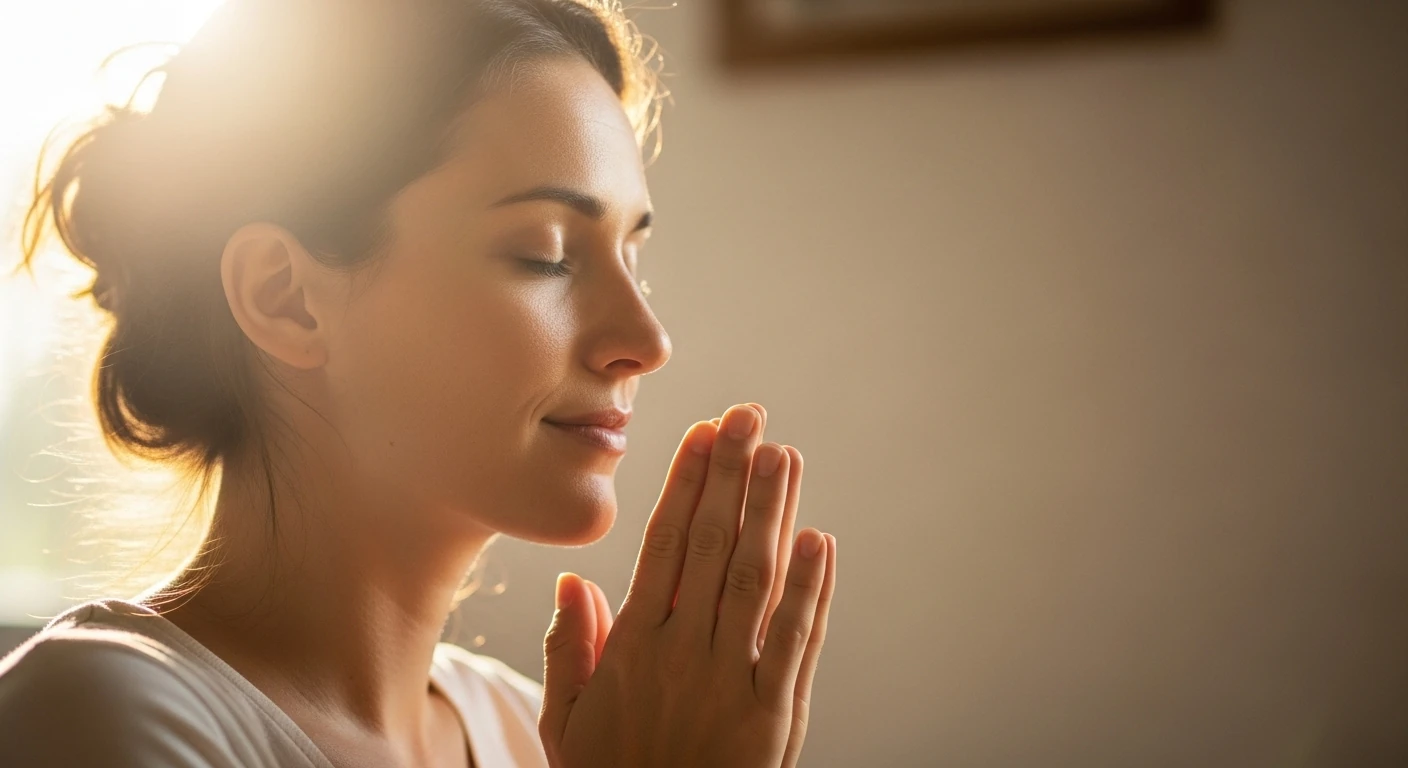 Mulher em oração com olhos fechados, luz suave pela janela.