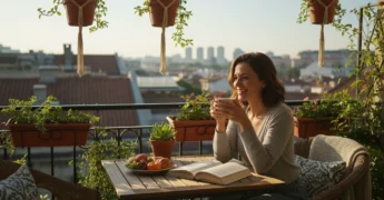 Mulher sorrindo em varanda com café da manhã e luz do sol