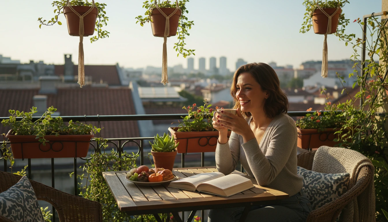 Mulher sorrindo em varanda com café da manhã e luz do sol