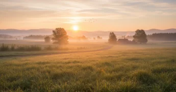 Nascer do sol em paisagem rural, amanhecer tranquilo, raios dourados