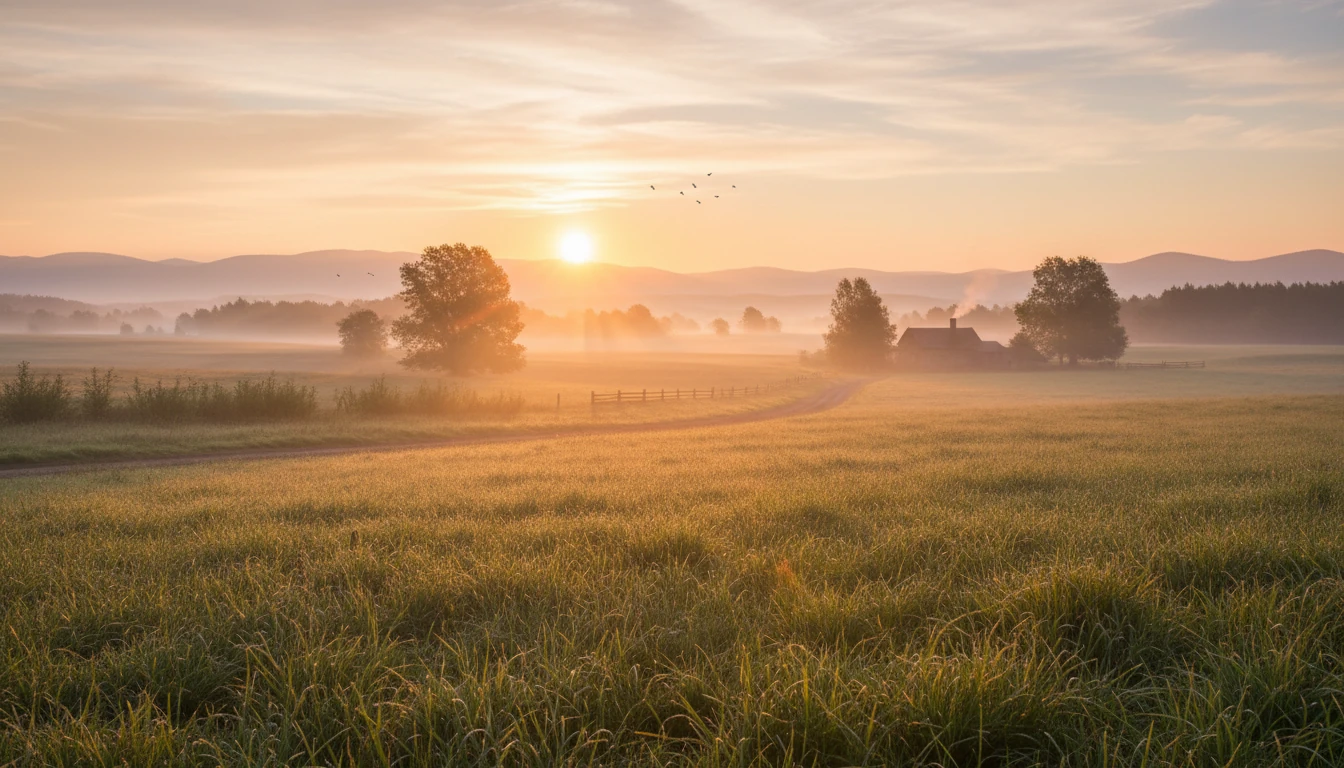 Nascer do sol em paisagem rural, amanhecer tranquilo, raios dourados