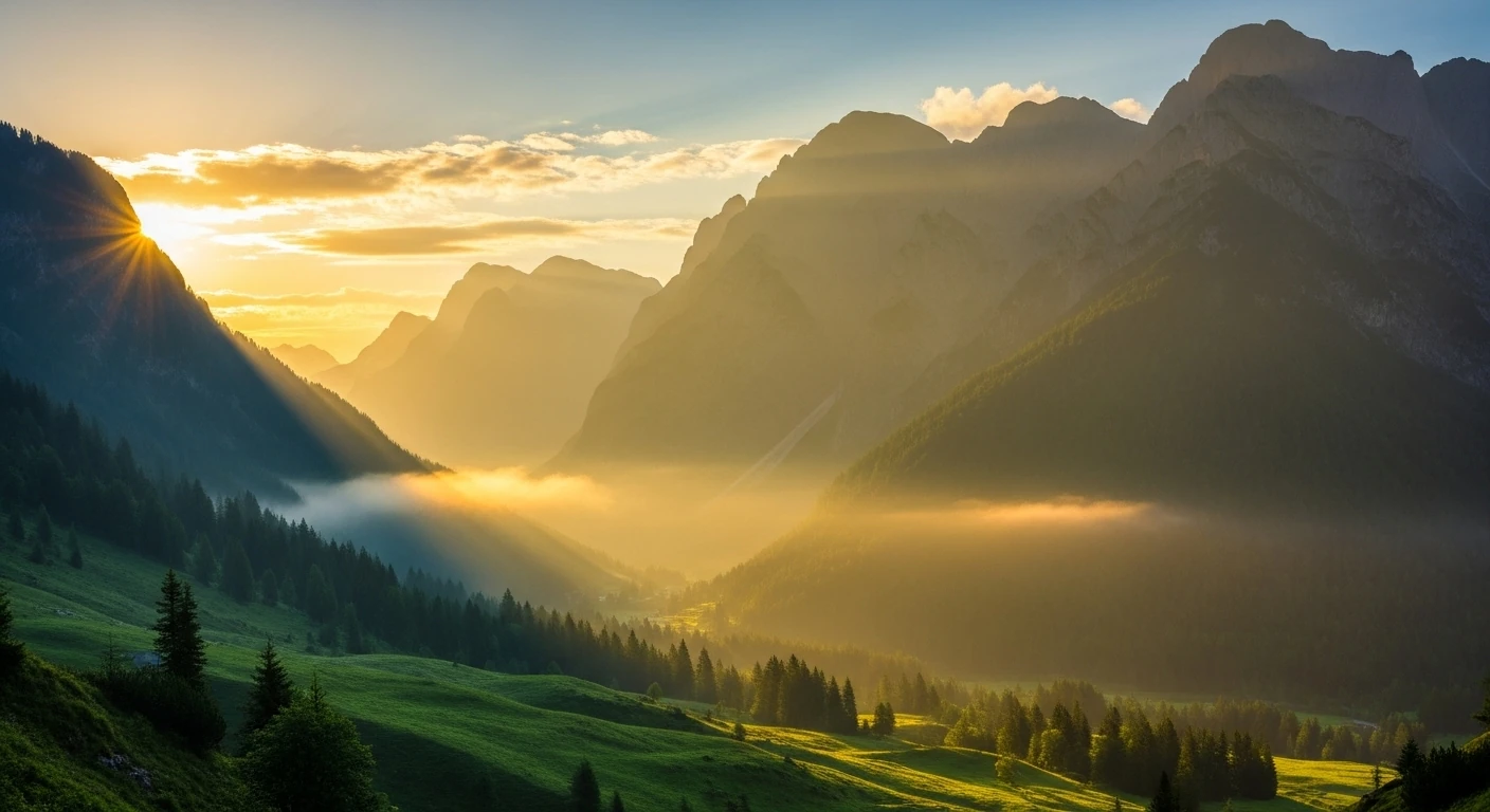 Belo nascer do sol sobre montanhas, com luz dourada e atmosfera de paz.