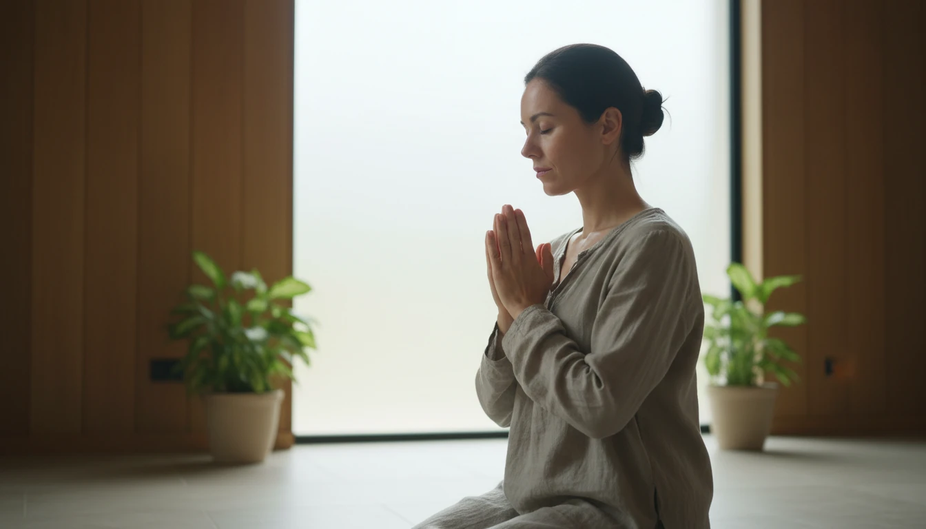 Pessoa orando com as m&atilde;os unidas e olhos fechados em um ambiente calmo com luz suave