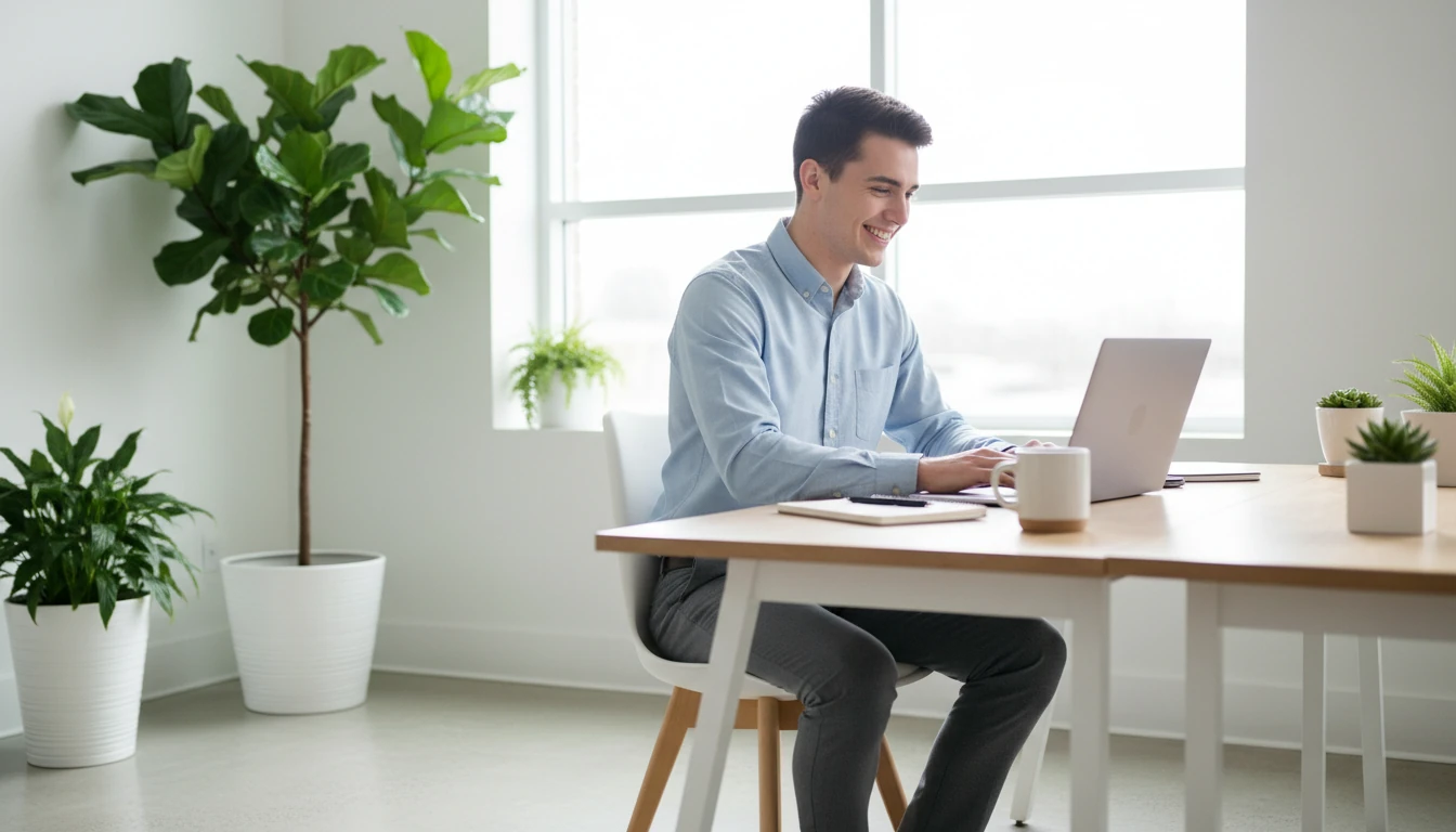 Pessoa sorrindo em um laptop em ambiente moderno com plantas