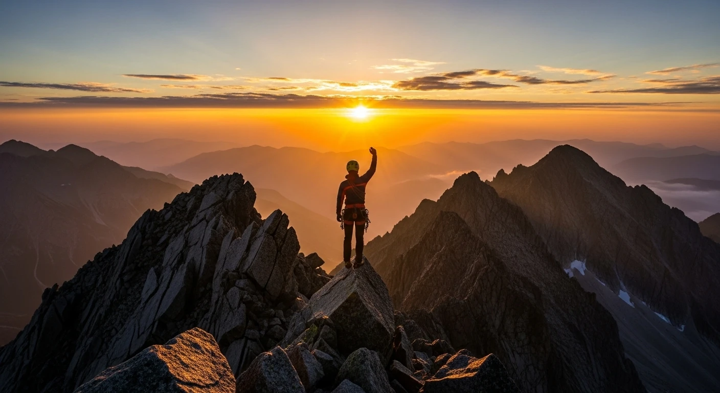 Pessoa escalando montanha ao nascer do sol, vista inspiradora