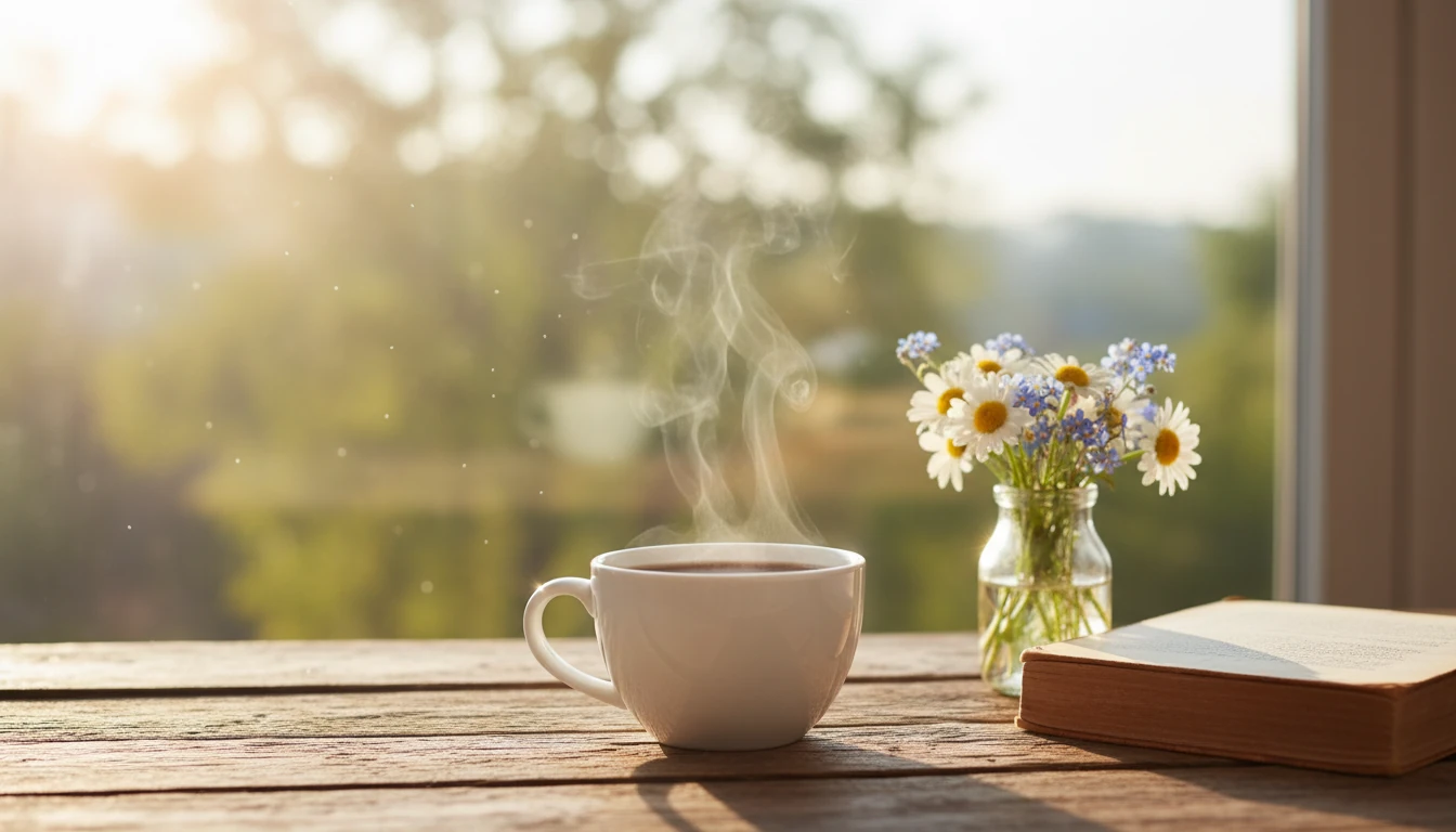 Xícara de café fumegante em mesa rústica ao amanhecer com livro e flores