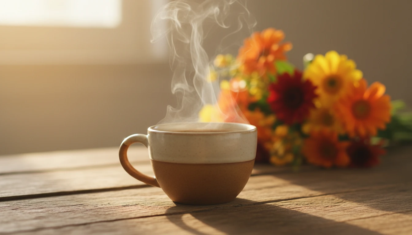 X&iacute;cara de caf&eacute; quente em mesa r&uacute;stica com luz suave e flores desfocadas ao fundo, representando um bom dia sereno.