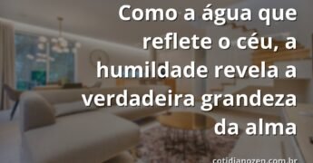 Vasto céu azul se refletindo na superfície calma de um lago, cercado por natureza serena, transmitindo um sentimento de paz e humildade.