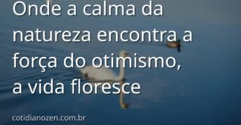 Céu azul e límpido refletido na superfície calma de um lago, com vegetação verde nas margens, transmitindo paz e positividade.