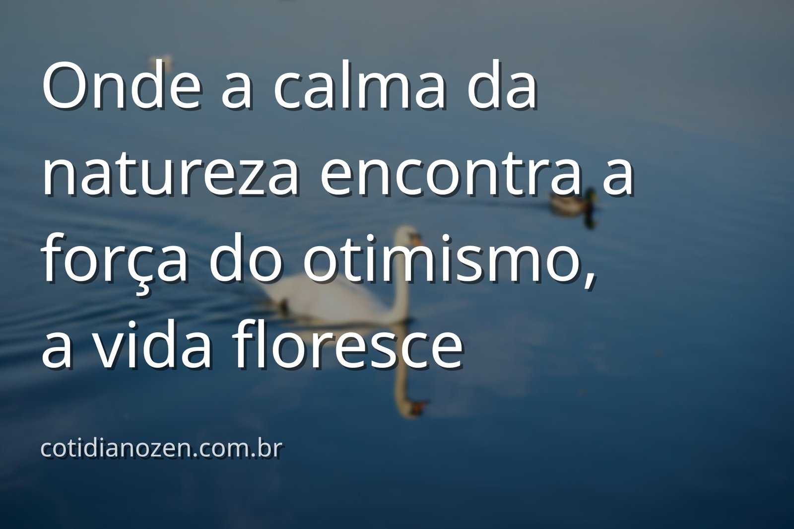 Céu azul e límpido refletido na superfície calma de um lago, com vegetação verde nas margens, transmitindo paz e positividade.